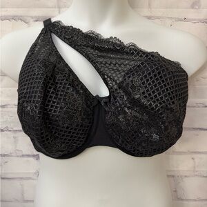 Cacique Bra Size 42F Asymmetrical Balconette Black Gold‎ Lace Sexy Flirty Girly